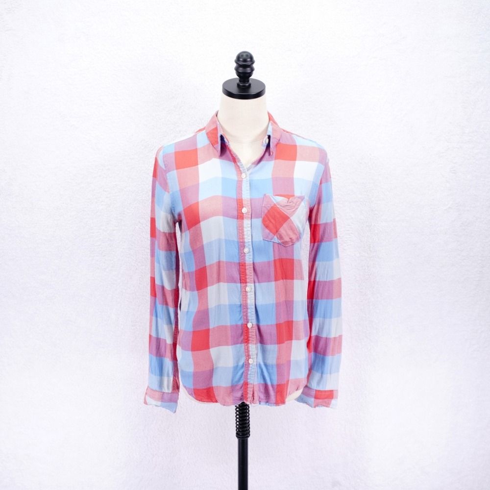 So Perfect Shirt -Small- Red Blue‎ Plaid Button Front Flannel Shirt Collared